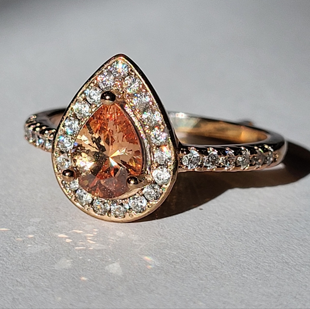 Peach Cubic Zirconia, Rose Gold Plated Ring With White CZ Accents Sz 9